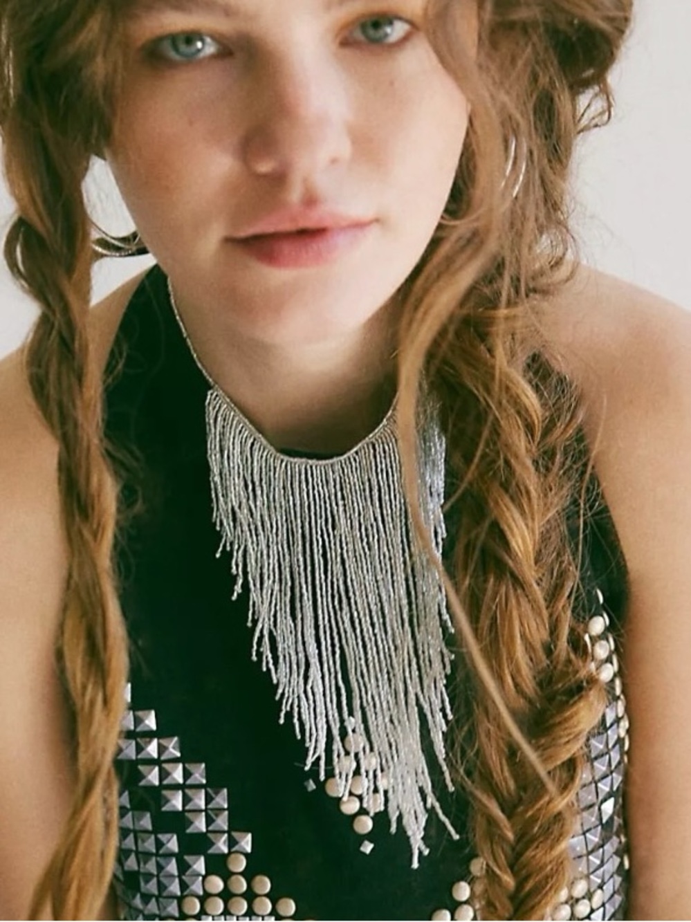 Free People Bohemian Amira Dangle Beaded Statement Choker Necklace NWT Silver